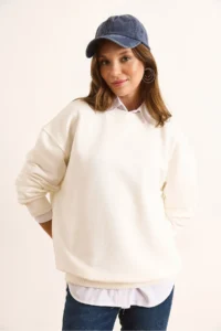 Olalook Women's White Stitching Detailed Thick Basic Sweatshirt - Image 2