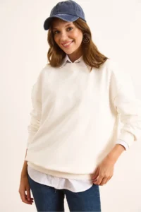 Olalook Women's White Stitching Detailed Thick Basic Sweatshirt - Image 3