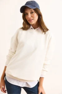 Olalook Women's White Stitching Detailed Thick Basic Sweatshirt - Image 4