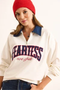 Olalook Women's White Denim Collar Zippered Written Oversize Sweatshirt