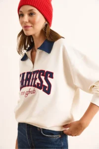 Olalook Women's White Denim Collar Zippered Written Oversize Sweatshirt - Image 2