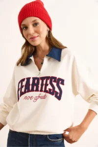 Olalook Women's White Denim Collar Zippered Written Oversize Sweatshirt - Image 3