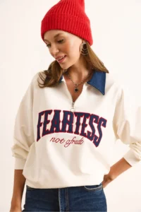 Olalook Women's White Denim Collar Zippered Written Oversize Sweatshirt - Image 4