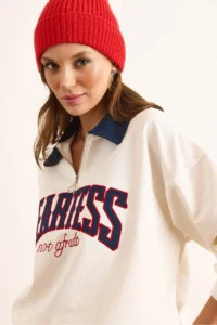 Olalook Women's White Denim Collar Zippered Written Oversize Sweatshirt - Image 5