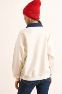 Olalook Women's White Denim Collar Zippered Written Oversize Sweatshirt - Image 6