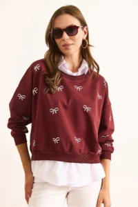 Olalook Women's Claret Red and White Bow Printed Collar Skirt Shirt Detailed Oversize Sweatshirt - Image 2