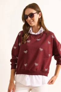 Olalook Women's Claret Red and White Bow Printed Collar Skirt Shirt Detailed Oversize Sweatshirt - Image 3