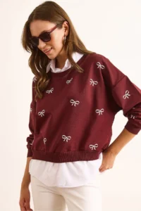 Olalook Women's Claret Red and White Bow Printed Collar Skirt Shirt Detailed Oversize Sweatshirt - Image 4