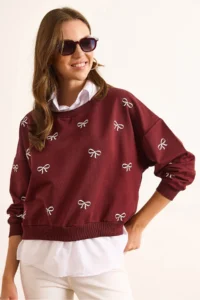 Olalook Women's Claret Red and White Bow Printed Collar Skirt Shirt Detailed Oversize Sweatshirt - Image 5