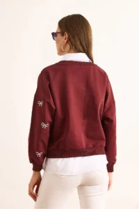 Olalook Women's Claret Red and White Bow Printed Collar Skirt Shirt Detailed Oversize Sweatshirt - Image 6