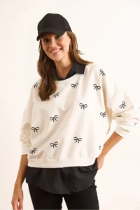 Olalook Women's White Black Bow Printed Collar Skirt Shirt Detailed Oversize Sweatshirt - Image 4