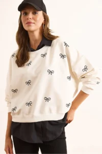 Olalook Women's White Black Bow Printed Collar Skirt Shirt Detailed Oversize Sweatshirt - Image 5