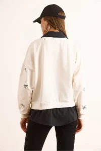 Olalook Women's White Black Bow Printed Collar Skirt Shirt Detailed Oversize Sweatshirt - Image 6
