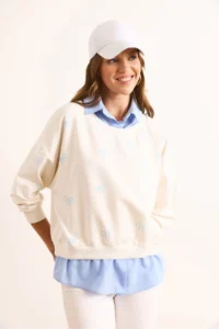 Olalook Women's White Blue Bow Printed Collar Skirt Shirt Detailed Oversize Sweatshirt - Image 2