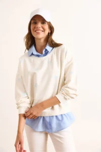 Olalook Women's White Blue Bow Printed Collar Skirt Shirt Detailed Oversize Sweatshirt - Image 4