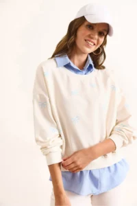 Olalook Women's White Blue Bow Printed Collar Skirt Shirt Detailed Oversize Sweatshirt - Image 5