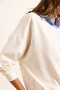 Olalook Women's White Blue Bow Printed Collar Skirt Shirt Detailed Oversize Sweatshirt - Image 6