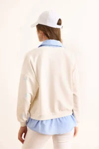 Olalook Women's White Blue Bow Printed Collar Skirt Shirt Detailed Oversize Sweatshirt - Image 7