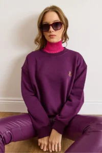 Olalook Women's Plum Teddy Bear Embroidered Stitching Detailed Raised Thick Sweatshirt - Image 2