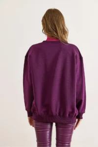 Olalook Women's Plum Teddy Bear Embroidered Stitching Detailed Raised Thick Sweatshirt - Image 3