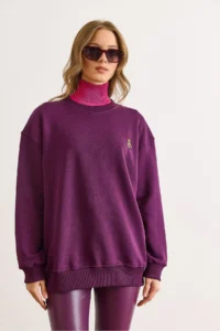 Olalook Women's Plum Teddy Bear Embroidered Stitching Detailed Raised Thick Sweatshirt - Image 4