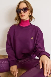 Olalook Women's Plum Teddy Bear Embroidered Stitching Detailed Raised Thick Sweatshirt - Image 5