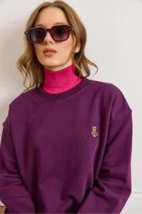 Olalook Women's Plum Teddy Bear Embroidered Stitching Detailed Raised Thick Sweatshirt - Image 6