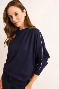 Olalook Women's Navy Blue Modal Piping Detailed Soft Textured Sweatshirt