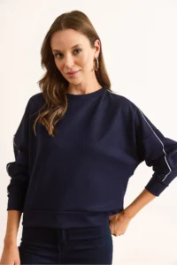 Olalook Women's Navy Blue Modal Piping Detailed Soft Textured Sweatshirt - Image 2