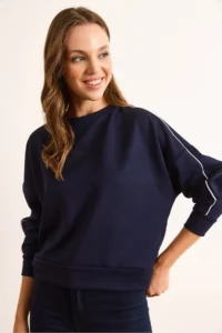 Olalook Women's Navy Blue Modal Piping Detailed Soft Textured Sweatshirt - Image 4