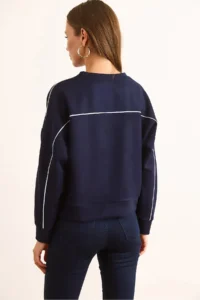 Olalook Women's Navy Blue Modal Piping Detailed Soft Textured Sweatshirt - Image 7