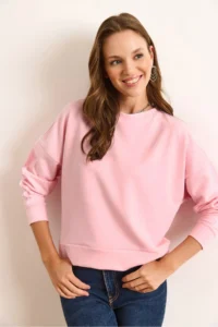 Olalook Women's Pink Modal Piping Detailed Soft Textured Sweatshirt - Image 3
