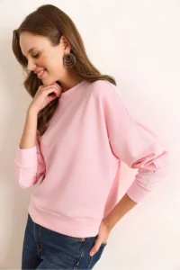 Olalook Women's Pink Modal Piping Detailed Soft Textured Sweatshirt - Image 5