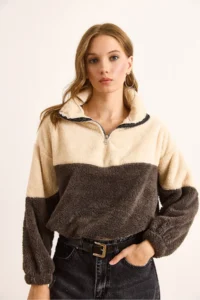 Olalook Women's Anthracite Ecru Zippered Color Block Plush Sweatshirt - Image 2