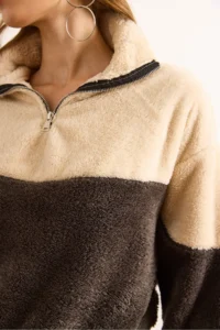 Olalook Women's Anthracite Ecru Zippered Color Block Plush Sweatshirt - Image 6