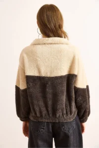 Olalook Women's Anthracite Ecru Zippered Color Block Plush Sweatshirt - Image 7