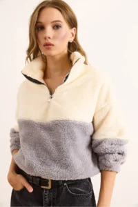 Olalook Women's Gray White Zippered Color Block Plush Sweatshirt - Image 2