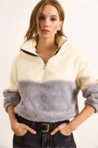 Olalook Women's Gray White Zippered Color Block Plush Sweatshirt - Image 3