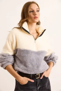 Olalook Women's Gray White Zippered Color Block Plush Sweatshirt - Image 4