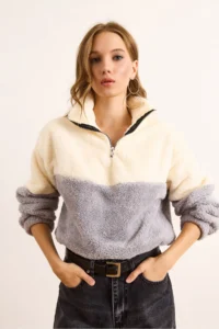 Olalook Women's Gray White Zippered Color Block Plush Sweatshirt - Image 5
