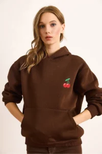 Olalook Women's Brown Cherry Embroidered Hooded Ribbon Sweatshirt - Image 2