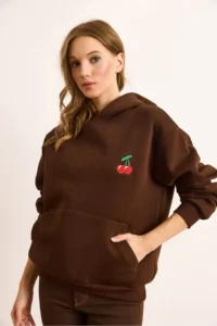 Olalook Women's Brown Cherry Embroidered Hooded Ribbon Sweatshirt - Image 3