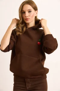 Olalook Women's Brown Cherry Embroidered Hooded Ribbon Sweatshirt - Image 4