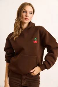 Olalook Women's Brown Cherry Embroidered Hooded Ribbon Sweatshirt - Image 5