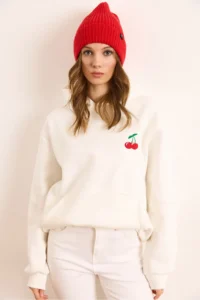 Olalook Women's White Cherry Embroidered Hooded Rose Gold Sweatshirt - Image 2