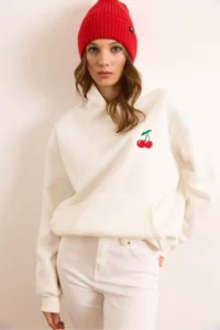 Olalook Women's White Cherry Embroidered Hooded Rose Gold Sweatshirt - Image 3