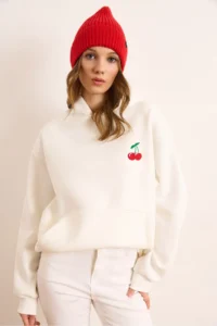 Olalook Women's White Cherry Embroidered Hooded Rose Gold Sweatshirt - Image 4