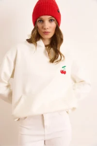 Olalook Women's White Cherry Embroidered Hooded Rose Gold Sweatshirt - Image 5