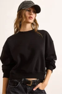 Olalook Women's Black Double Interlock Sleeve Detailed Thick Sweatshirt