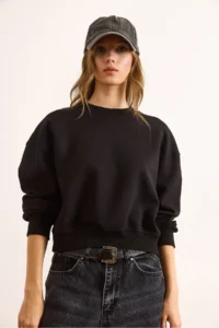 Olalook Women's Black Double Interlock Sleeve Detailed Thick Sweatshirt - Image 2